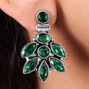 <b>Green</b> Topaz Brass Antique Silver Plated Trendy Drop <b>Earrings</b> Floral Design Wedding Jewelry Wholesale Bulk - Product Image 2