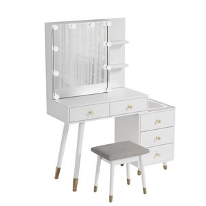 Solid Wood <b>Makeup</b> Vanities 5 Drawers 2 Layer Shelf <b>Mirror</b> Case Pitted Particle Board Triamine Coating Copper Sheath Decoration - Product Image 4