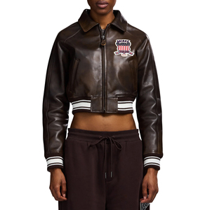 Blouson aviateur en cuir PU marron avec patch brodé, col rabattu, fermeture éclair, longueur courte, style moto unisexe, logo personnalisé - Product Image 1