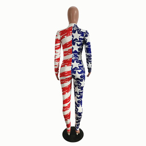 Mono de manga larga estampado para mujer, cintura alta, ajuste ceñido, cremallera frontal, elástico, transpirable, de poliéster y spandex - Product Image 4