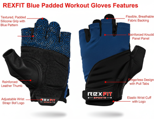 Rhino Fitness Breathable Mesh PU Leather Adjustable Wrist Strap Half Finger Gym <b>Gloves</b> for Weight Lifting Blue Black - Product Image 5