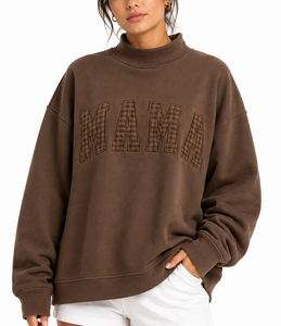 Felpa oversize da donna <span class=keywords><strong>MAMA</strong></span> con collo alto, personalizzata con patchwork a quadri Gingham, stile college casual streetwear - Product Image 1
