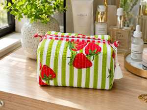 Strawberry Tassel Eco-Friendly Waterproof Cosmetic <b>Case</b> Medium Portable Zipper Closure Cotton <b>Makeup</b> Bag Soft Handle Lovely - Product Image 5
