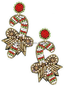 Pendientes de cuentas de bastón de caramelo doble, joyería navideña hecha a mano con hojas de acebo, Pendientes colgantes festivos para mujer - Product Image 6