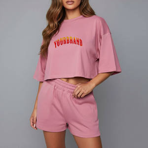 Women's <b>Pink</b> 2 Piece Shorts Set <b>Crop</b> <b>Top</b> Loose Fit Casual Spring Summer Wear For Women Summer Set For Women - Product Image 1