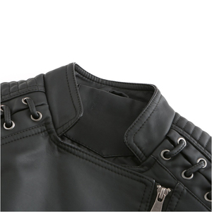 Veste de moto en cuir PU noir pour homme, col montant, fermeture éclair, style motard, avec lacets aux épaules - Product Image 4