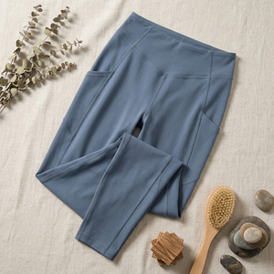 Dusty Blue Color <b>Leggings</b> <b>with</b> <b>Pocket</b> High Waist Full Length Knitted Spandex Polyester Breathable Quick Dry Women's Activewear - Product Image 3