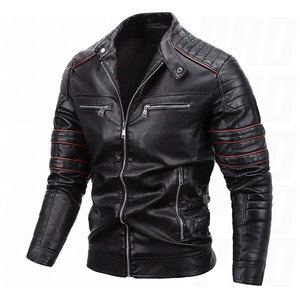 Mens Slim Fit Cool Motorcycle <b>Jacket</b> Winter Coat Stand Collar Zipper Closure Black Red PU Leather <b>Biker</b> <b>Jacket</b> Striped Pattern - Product Image 1