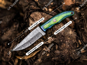 มีดล่าสัตว์และตั้งแคมป์ใบมีดเหล็กดามัสกัสคุณภาพสูง ขนาด 8 นิ้ว ด้ามจับไม้ปักก้าสีเขียวน้ำเงิน ออกแบบตามหลักสรีรศาสตร์ คมกริบ พร้อมซองหนัง รับผลิตแบบ OEM - Product Image 3