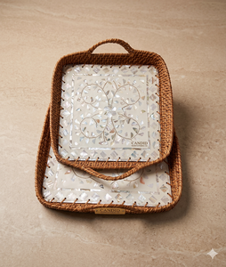 Eco-friendly <b>White</b> Pearl Tray Rustic Decor Bamboo Serving Tray Mother Pearl Rattan Shell Rattan <b>Basket</b> Woven Tray for Food - Product Image 1