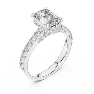 Anillo clásico de diamantes de corte esmeralda de 2.47 quilates con piedras laterales redondas y halo oculto, en oro de 14 quilates y platino, para aniversario, para ella. - Product Image 1