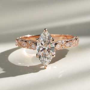 Anillo de compromiso Art Deco con diamante de corte marquesa de 2.01 CT, cultivado en laboratorio, oro rosa de 14k, delicado, regalo para mujer - Product Image 1
