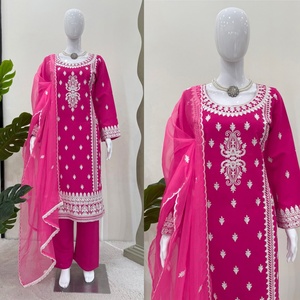 Salwar Kameez pour femmes en soie semi-chinon lourdement brodé, élégant, indien pakistanais, pour mariage, vêtement à séchage rapide, doublure en soie romaine - Product Image 1