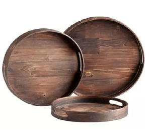 Plateau de service rond en bois d'acacia, plateau décoratif en bois naturel, plateau de service décoratif rond en bois moderne - Product Image 2