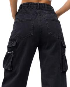 Vaqueros Cargo Negros Personalizados de Cintura Alta y Pierna Ancha con Múltiples Bolsillos, Estilo Urbano, Pantalones Casuales Holgados para Mujer, OEM Personalizado - Product Image 4