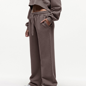 Pantalones de chándal de forro polar para mujer, estilo casual de invierno, de pierna ancha, con cordón y parte delantera plana, tipo jogger - Product Image 3