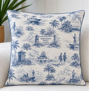 Housse de coussin décorative bleue en toile, motif Sebastian Inlet Florida, personnalisée, style plage et bord de mer, pour canapé et lit - Product Image 1