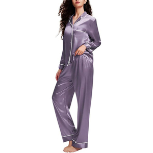 Women's Grey Satin Pajama Set Long Sleeve Full Length Button Front Elegant Sleepwear <b>100</b>% Silk Turn-down Collar - Product Image 1
