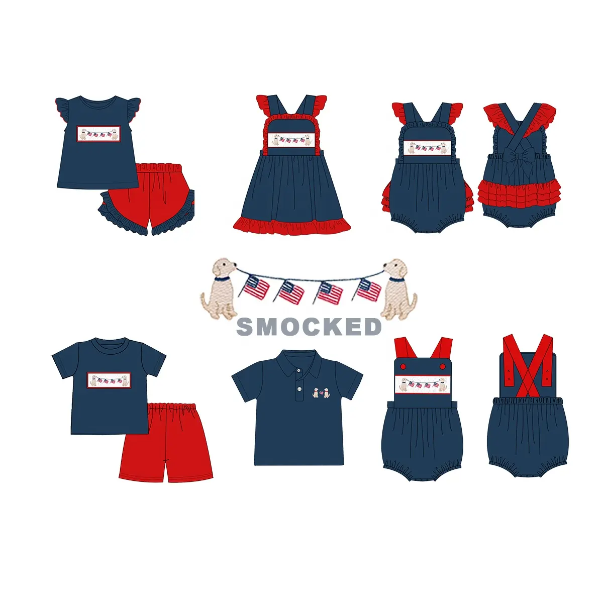 Puresun Custom Meisjes Patriottische Outfit Gesmokt Amerikaanse Vlag Kinderen Kleding 4e Van July Kleding Met Puppy Hond