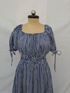 Blue Striped Cotton Midi <b>Dress</b> Puff Sleeves U Neck <b>Elastic</b> Waist A-Line Silhouette Japan Woven Fabric Casual Streetwear Sweet - Product Image 3
