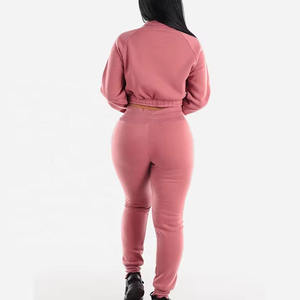 Women Plus Size <b>Pink</b> <b>Tracksuit</b> Set Full Sleeve Crew Neck Solid Color Casual Wear With Side Pockets Autumn Sweatshirt And Pants - Product Image 1