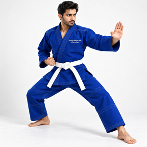 Kimono de karaté et de judo bleu en coton, uniforme d'arts martiaux avec ceinture blanche, coupe classique, unisexe, adulte. - Product Image 6