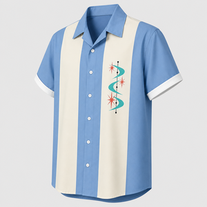 Chemise à panneaux verticaux bleu et blanc moderne, design graphique minimaliste, manches courtes, chemise décontractée streetwear - Product Image 3