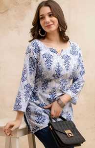 <b>Indian</b> Casual Wear Blue Cotton Kurta With White Floral Print Loose Fit Midi Casual Wear Short <b>Top</b> Kurti Style Digital Printing - Product Image 5