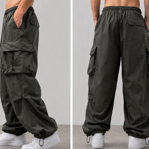 Pantalon cargo harem gris foncé pour homme, taille élastique avec cordon de serrage, plusieurs poches, léger, respirant, style décontracté d'été - Product Image 3