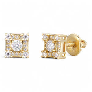 Pendientes de tuerca cuadrados de moissanita con halo en plata de ley chapada en oro, diseño de racimo con incrustaciones. - Product Image 1