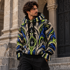 Custom Sketch Tapestry Graphic Knitted <b>Fringed</b> Sweater Streetwear Men's Winter Wool/Acrylic Zipper Front ODM - Product Image 3