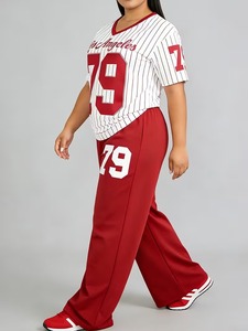 Plus Size - New Spring <b>Summer</b> Fashion Printed Short Sleeve V-Neck Striped Top And Straight Printed Long <b>Pants</b> - Product Image 6