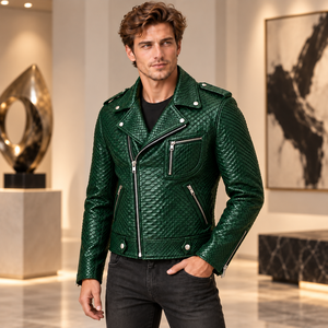 Chaqueta de moto de invierno para hombre, verde esmeralda, de cuero genuino repujado, transpirable, con bolsillos con cremallera, cuello alto, corte ajustado, estilo urbano, forro de seda - Product Image 4