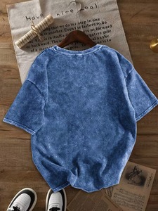 T-shirts décontractés pour hommes en coton bleu délavé style vintage, coupe oversize respirante à col rond et manches courtes - Product Image 2