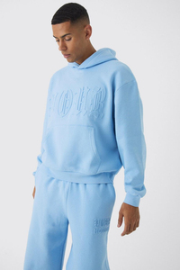 Conjunto de Sudadera con Capucha Azul Claro para Hombre, Estampado de Letras en Relieve, Forro Polar, Ropa Casual de Otoño, 100% Algodón - Product Image 3