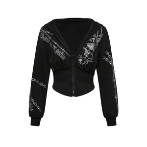 Sudadera con capucha corta con cremallera para mujer, con gráfico de cadena y jacquard, lavado ácido y pedrería, de felpa de algodón 420GSM, estilo vintage streetwear premium - Product Image 1