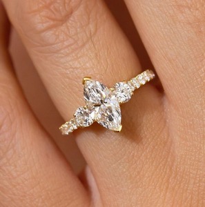Marquise & Round Cut Lab Grown <b>Diamond</b> <b>Ring</b> 2.55 CT 14K Yellow Gold Trilogy Three Stone Half Eternity Engagement <b>Ring</b> - Product Image 4