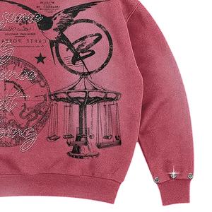 Sweat à capuche en molleton French Terry, coupe ample, entièrement personnalisé, rouge rose vintage, avec fermeture éclair, clous en strass et cristaux, imprimé graphique DTG - Product Image 5