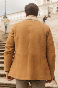 Men's Tan Suede Leather Jacket With <b>Faux</b> <b>Fur</b> Lining Turn-down Collar Windproof Winter <b>Coat</b> Regular Fit Casual Style - Product Image 2