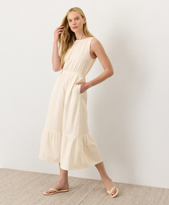 Robe midi en coton pour femme, d'été, de soirée, sans manches, à volants, évasée, à plusieurs niveaux, avec taille élastique - Product Image 1