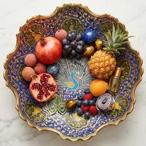 Modern Eco-Friendly Brass Round Handmade Decorative Dish <b>Blue</b> Gold Pattern Kitchen Tabletop Fruit Bowl Diwali - Product Image 1