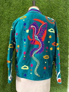 Premium Turquoise <b>Velvet</b> Embroidered Suzani <b>Jacket</b> With Dragon Pattern Full Sleeve Stand Collar Bohemian Winter Outerwear - Product Image 6