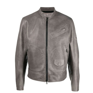 Chaqueta de Moto para Hombre, Gris, Estilo Vintage, Cuero Recubierto, Cuello Alto, Cierre de Cremallera, Manga Regular, Color Sólido, para Otoño - Product Image 1