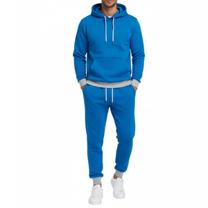 ชุดวอร์มผู้ชายขายดี สีฟ้าอิเล็กทริกและสีเทาตัดกัน ดีไซน์ฮู้ดดี้ แขนเสื้อแบบริบ ระบายอากาศได้ดี เหมาะสำหรับเล่นกีฬา - Product Image 1