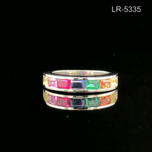 RAHA EXPORT RJ304 925 Sterling <b>Silver</b> Rainbow Gemstone Band <b>Ring</b> <b>Emerald</b> Cut Classic Unisex Everyday Wear Rhodium Plated Trendy - Product Image 1