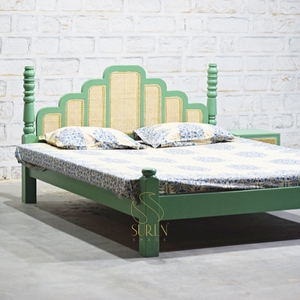 Lit plateforme traditionnel en bois vert pour enfants avec panneau en rotin, lit de repos Queen pour chambre d'enfant, maternelle, dortoir - Product Image 2