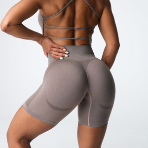 Shorts de sport taille haute pour femme, couleur unie, en toile, taille élastique, respirant, coupe ajustée - Product Image 5