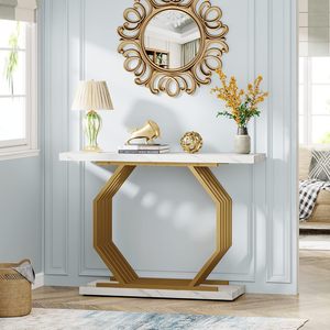 Table console d'entrée moderne convertible HOGA-F1790 pour salon, avec structure en métal doré et plateau en faux marbre, pour la maison - Product Image 4