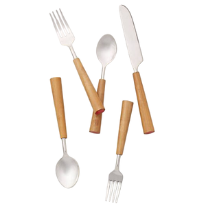 Ensemble de couverts minimalistes en métal avec manches en bois, finition miroir, compatibles lave-vaisselle, pour le camping - Product Image 1