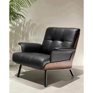 Minimalist Lounge Chair Premium <b>Black</b> Leather Upholstery Solid Wood <b>Frame</b> Comfortable Armchair for Living Room Hotel - Product Image 1